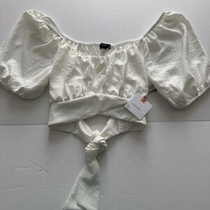 Originality brand white, off-the-shoulder puff sleeve crop top with tie front